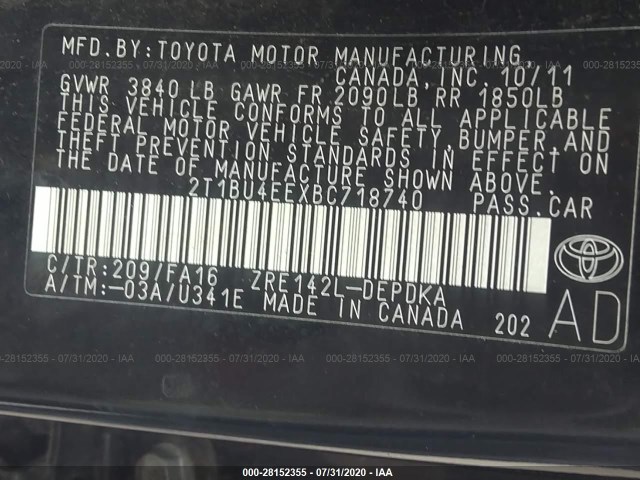 Photo 8 VIN: 2T1BU4EEXBC718740 - TOYOTA COROLLA 