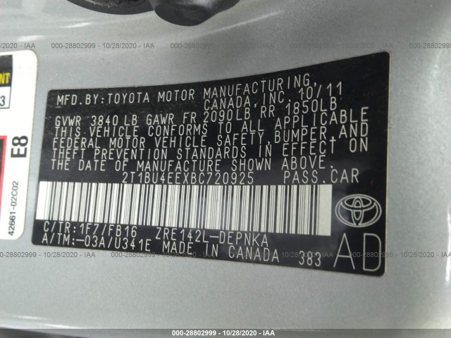 Photo 8 VIN: 2T1BU4EEXBC720925 - TOYOTA COROLLA 