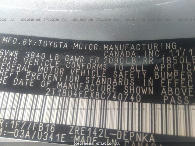 Photo 8 VIN: 2T1BU4EEXBC740740 - TOYOTA COROLLA 