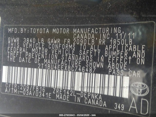 Photo 8 VIN: 2T1BU4EEXBC746487 - TOYOTA COROLLA 