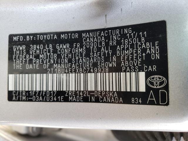 Photo 9 VIN: 2T1BU4EEXBC749938 - TOYOTA COROLLA S 