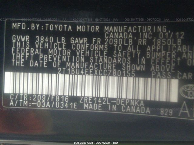 Photo 8 VIN: 2T1BU4EEXCC780155 - TOYOTA COROLLA 