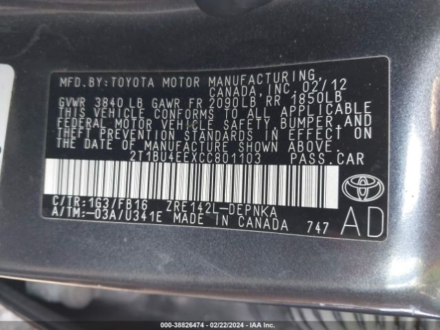 Photo 8 VIN: 2T1BU4EEXCC801103 - TOYOTA COROLLA 