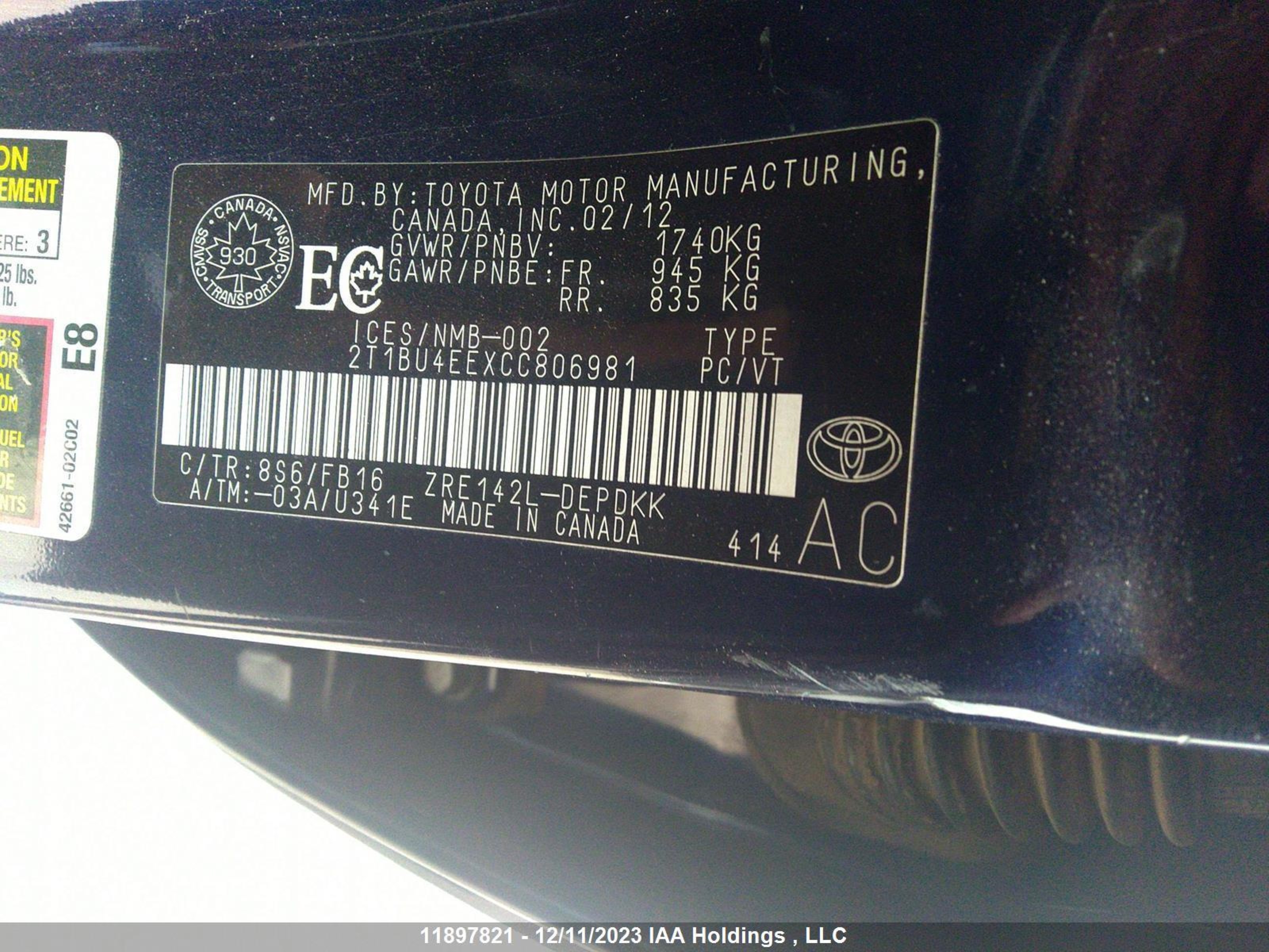 Photo 8 VIN: 2T1BU4EEXCC806981 - TOYOTA COROLLA 