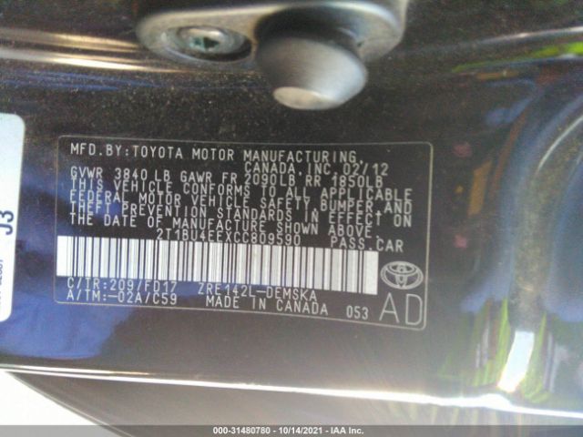 Photo 8 VIN: 2T1BU4EEXCC809590 - TOYOTA COROLLA 