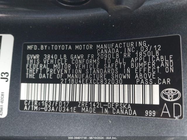 Photo 8 VIN: 2T1BU4EEXCC832030 - TOYOTA COROLLA 