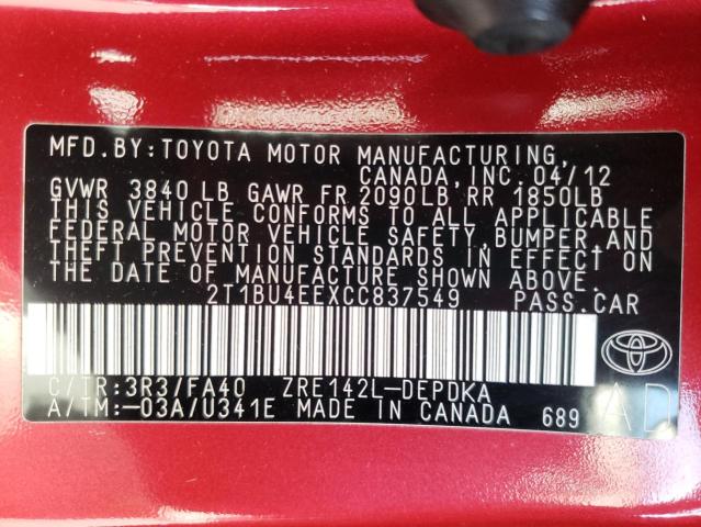 Photo 9 VIN: 2T1BU4EEXCC837549 - TOYOTA COROLLA BA 