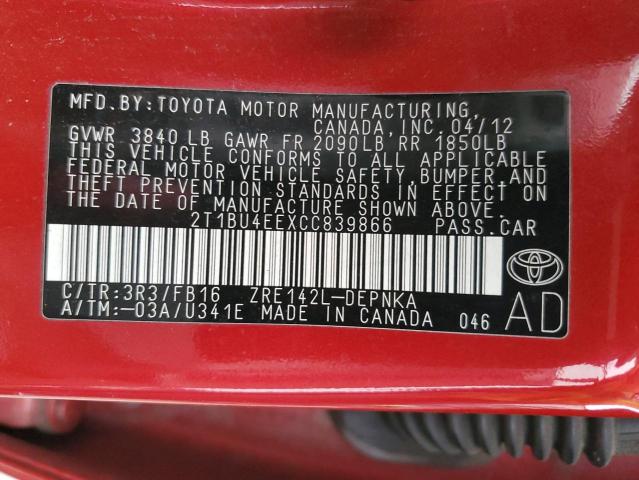 Photo 12 VIN: 2T1BU4EEXCC839866 - TOYOTA COROLLA 