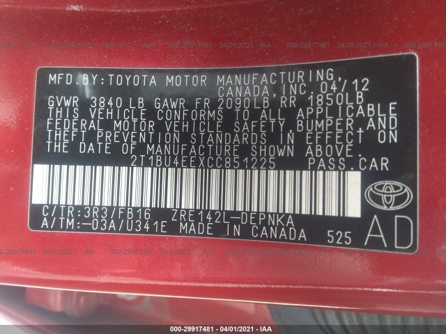 Photo 8 VIN: 2T1BU4EEXCC851225 - TOYOTA COROLLA 