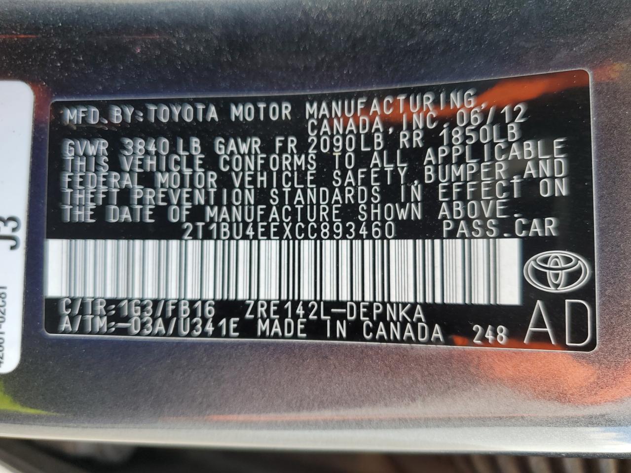 Photo 11 VIN: 2T1BU4EEXCC893460 - TOYOTA COROLLA 