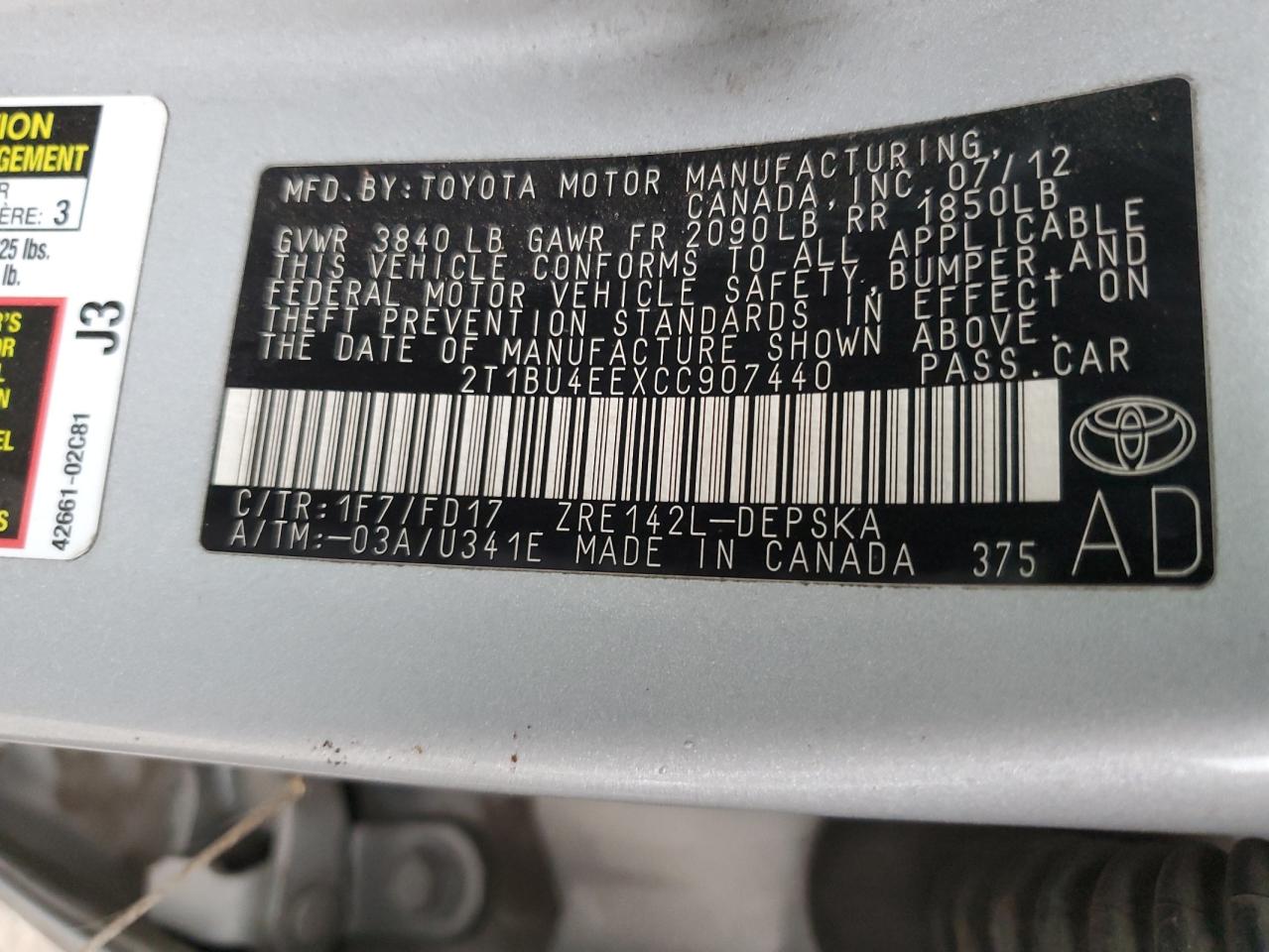 Photo 12 VIN: 2T1BU4EEXCC907440 - TOYOTA COROLLA 