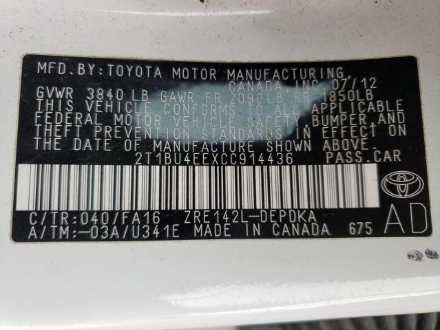 Photo 12 VIN: 2T1BU4EEXCC914436 - TOYOTA COROLLA BA 