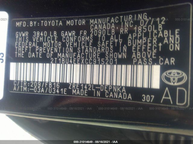 Photo 8 VIN: 2T1BU4EEXCC915201 - TOYOTA COROLLA 