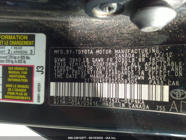 Photo 8 VIN: 2T1BU4EEXDC008305 - TOYOTA COROLLA 