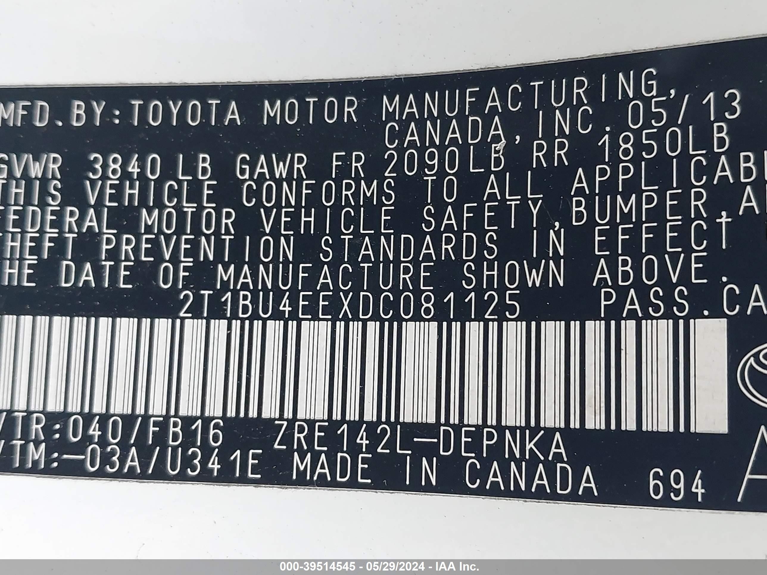 Photo 8 VIN: 2T1BU4EEXDC081125 - TOYOTA COROLLA 