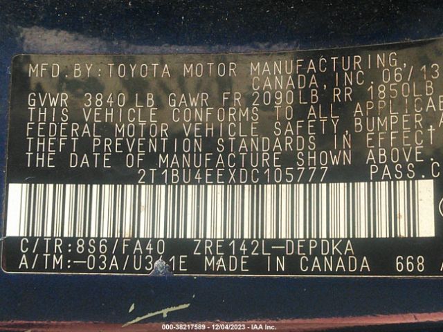 Photo 8 VIN: 2T1BU4EEXDC105777 - TOYOTA COROLLA 