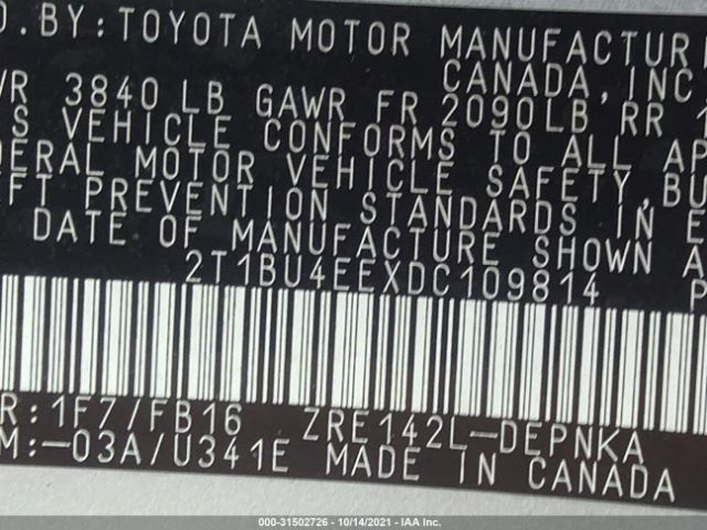 Photo 8 VIN: 2T1BU4EEXDC109814 - TOYOTA COROLLA 