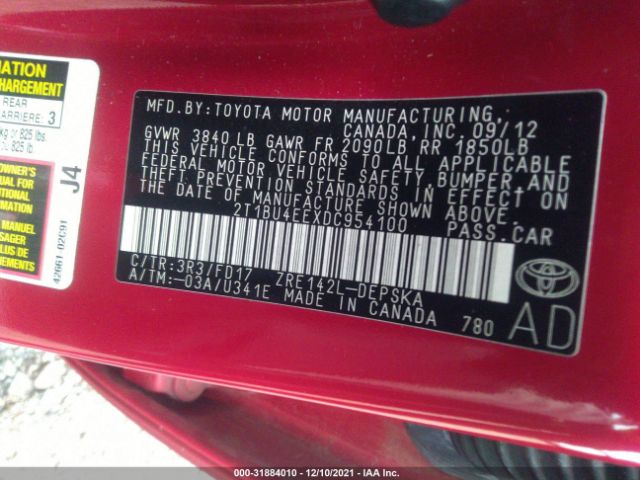 Photo 8 VIN: 2T1BU4EEXDC954100 - TOYOTA COROLLA 