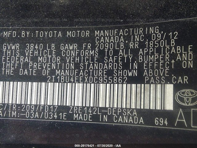 Photo 8 VIN: 2T1BU4EEXDC955862 - TOYOTA COROLLA 