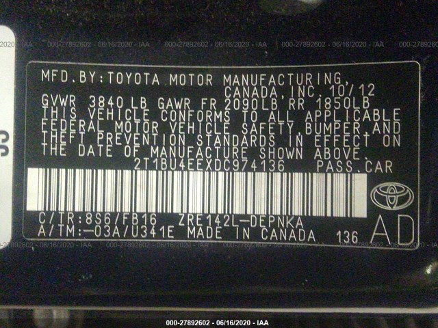 Photo 8 VIN: 2T1BU4EEXDC974136 - TOYOTA COROLLA 