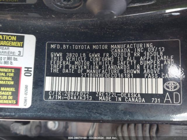 Photo 8 VIN: 2T1BURHE0EC016181 - TOYOTA COROLLA 