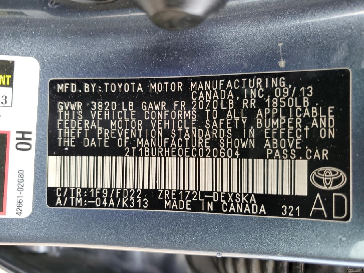 Photo 12 VIN: 2T1BURHE0EC020604 - TOYOTA COROLLA 