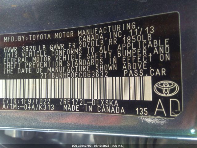 Photo 8 VIN: 2T1BURHE0EC063632 - TOYOTA COROLLA 