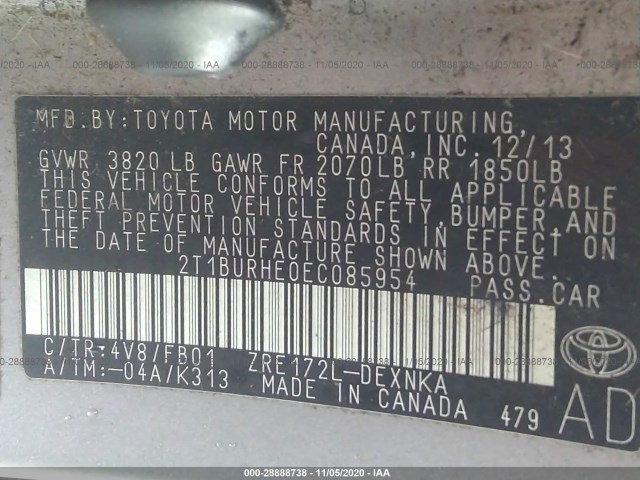 Photo 8 VIN: 2T1BURHE0EC085954 - TOYOTA COROLLA 