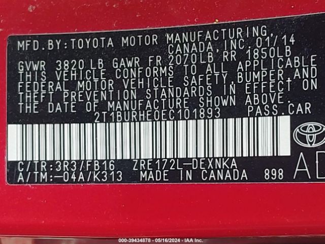 Photo 8 VIN: 2T1BURHE0EC101893 - TOYOTA COROLLA 