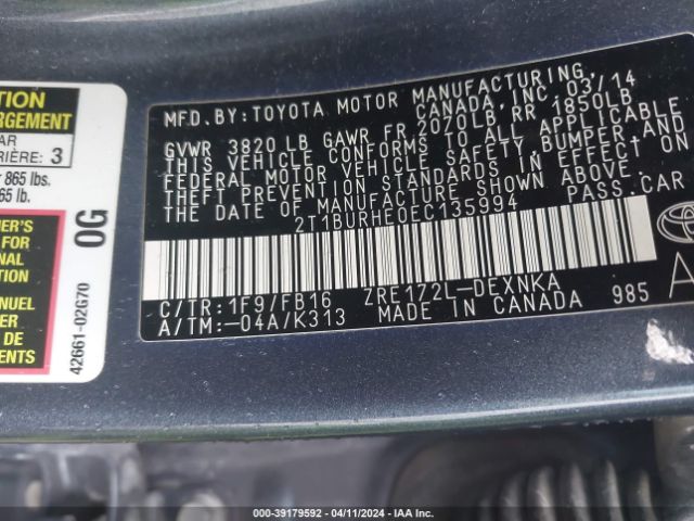 Photo 8 VIN: 2T1BURHE0EC135994 - TOYOTA COROLLA 