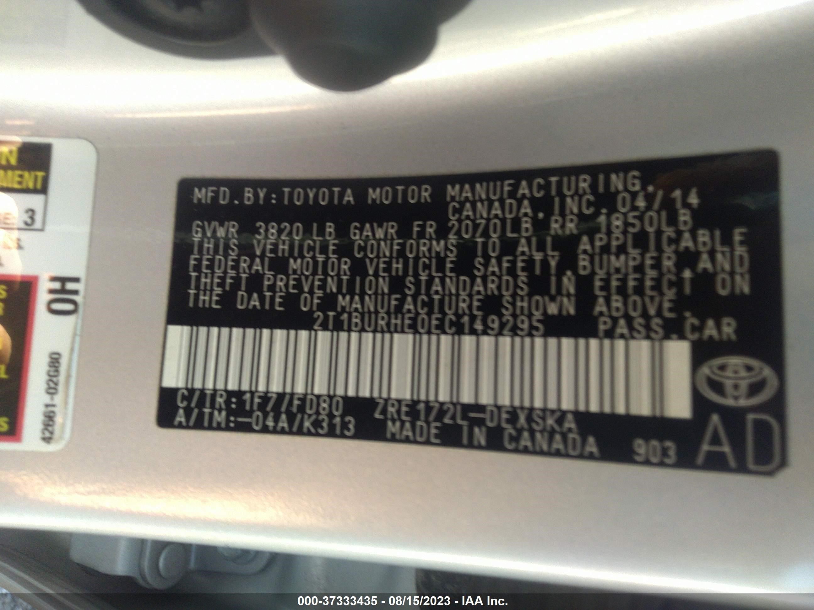 Photo 8 VIN: 2T1BURHE0EC149295 - TOYOTA COROLLA 