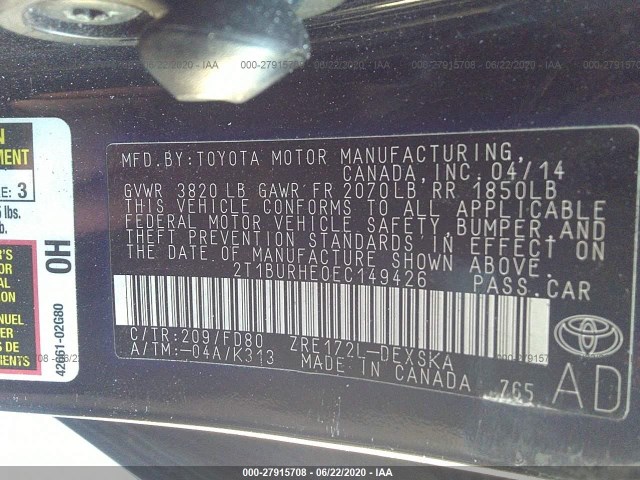 Photo 8 VIN: 2T1BURHE0EC149426 - TOYOTA COROLLA 