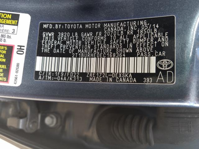 Photo 9 VIN: 2T1BURHE0EC168364 - TOYOTA COROLLA L 