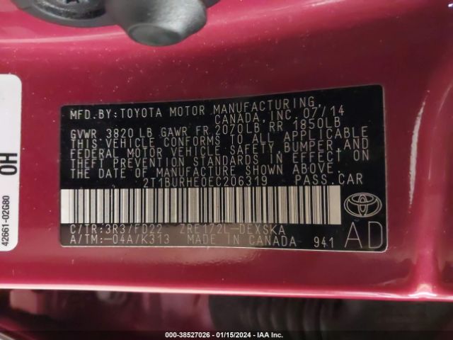 Photo 8 VIN: 2T1BURHE0EC206319 - TOYOTA COROLLA 