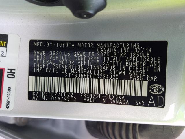 Photo 9 VIN: 2T1BURHE0EC224920 - TOYOTA COROLLA L 