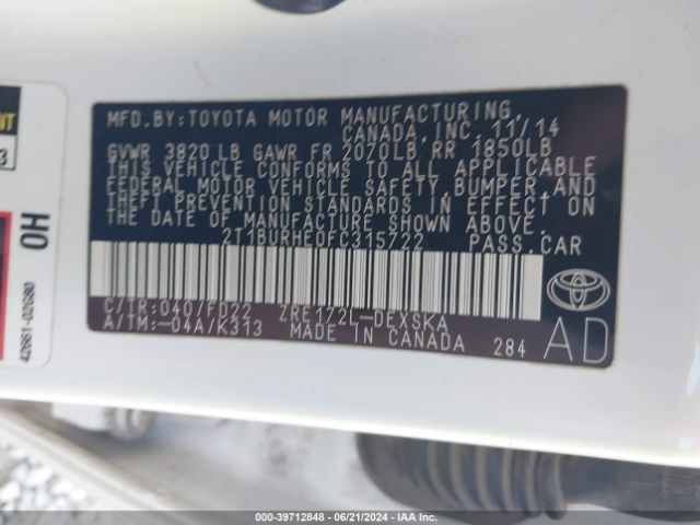 Photo 8 VIN: 2T1BURHE0FC315722 - TOYOTA COROLLA 