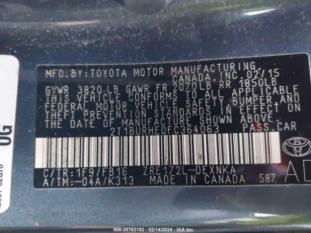 Photo 8 VIN: 2T1BURHE0FC364063 - TOYOTA COROLLA 