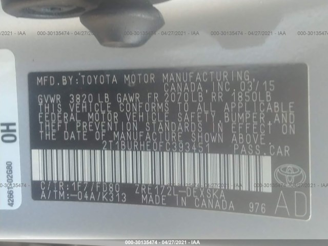 Photo 8 VIN: 2T1BURHE0FC393451 - TOYOTA COROLLA 