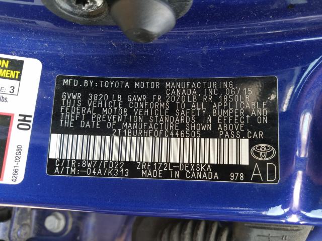 Photo 9 VIN: 2T1BURHE0FC446505 - TOYOTA COROLLA L 