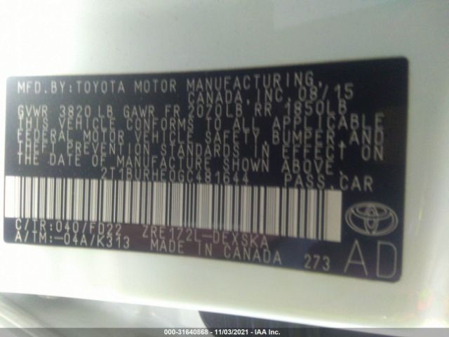 Photo 8 VIN: 2T1BURHE0GC481644 - TOYOTA COROLLA 