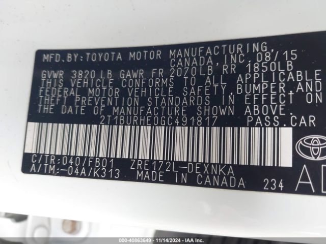 Photo 8 VIN: 2T1BURHE0GC491817 - TOYOTA COROLLA 