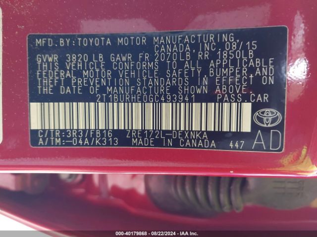 Photo 8 VIN: 2T1BURHE0GC493941 - TOYOTA COROLLA 