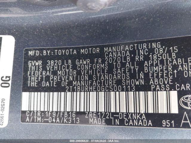 Photo 8 VIN: 2T1BURHE0GC500113 - TOYOTA COROLLA 