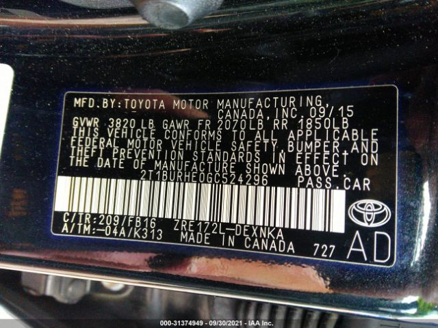 Photo 8 VIN: 2T1BURHE0GC524296 - TOYOTA COROLLA 