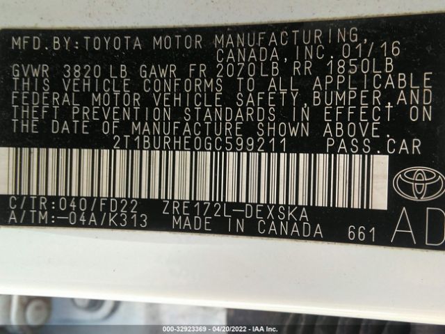 Photo 8 VIN: 2T1BURHE0GC599211 - TOYOTA COROLLA 