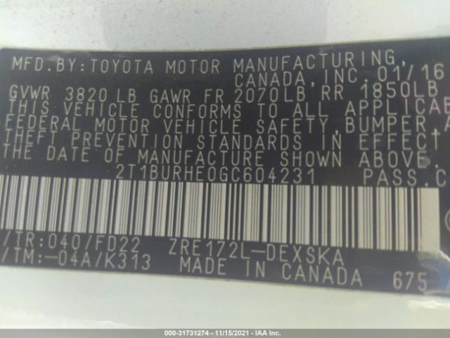 Photo 8 VIN: 2T1BURHE0GC604231 - TOYOTA COROLLA 