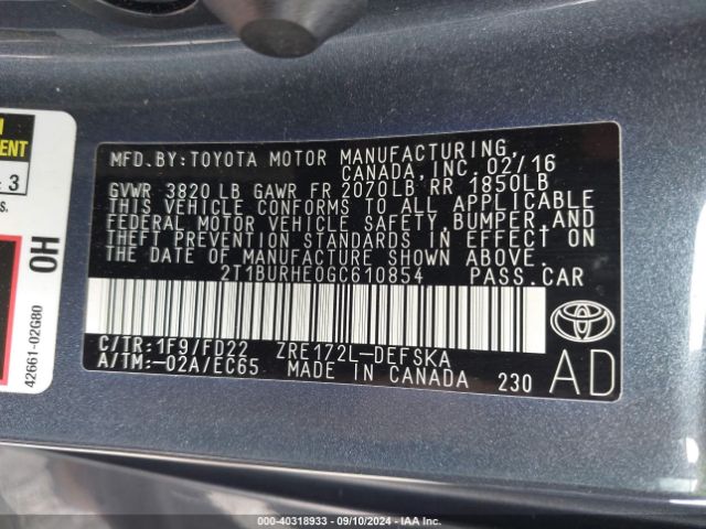 Photo 8 VIN: 2T1BURHE0GC610854 - TOYOTA COROLLA 