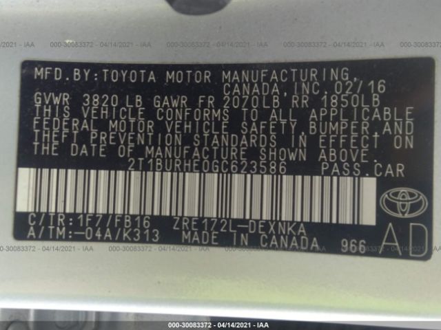 Photo 8 VIN: 2T1BURHE0GC623586 - TOYOTA COROLLA 