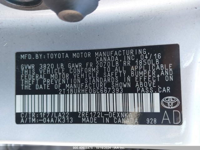 Photo 8 VIN: 2T1BURHE0GC667393 - TOYOTA COROLLA 