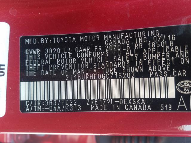 Photo 9 VIN: 2T1BURHE0GC715202 - TOYOTA COROLLA L 